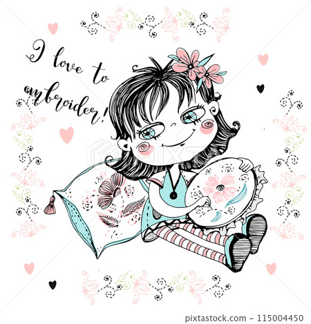 A cute girl embroiders on a hoop. Vector. 115004450