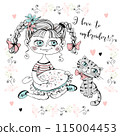 A cute girl is engaged in needlework and embroidery a beautiful pattern on a Hoop. Vector. 115004453