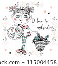A cute needlewoman girl with embroidery. Accessories for needlework. Vector 115004458