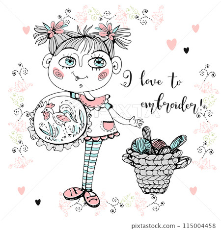 A cute needlewoman girl with embroidery. Accessories for needlework. Vector 115004458