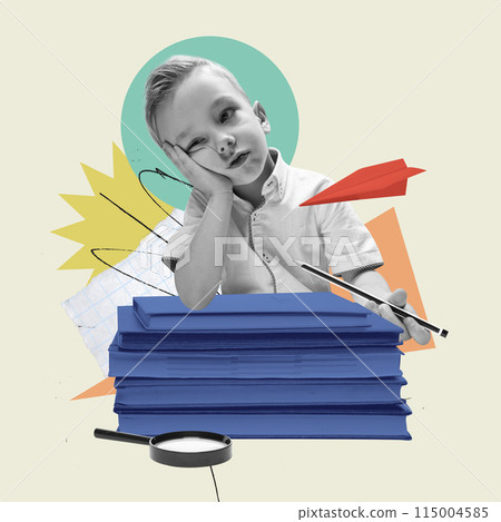 Little boy sitting at desk with pile of books and feeling bored and tired, Abstract background. Contemporary art collage. 115004585