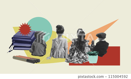 Boys and girl sitting in pile of books against abstract geometric background. Learning activity. Contemporary art collage. Boys and girl sitting in pile of books against abstract geometric background. Learning activity. Contemporary art collage. 115004592