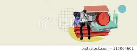 Little boy sitting on books and school supplies, reading book with interest. Homework. Contemporary art collage. Banner 115004601