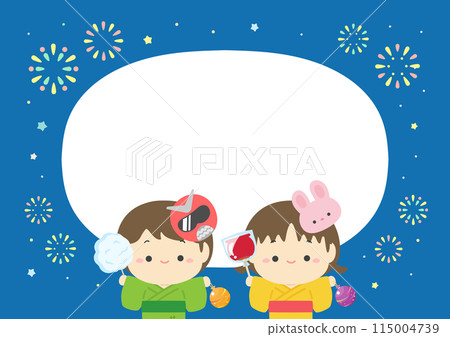 Background frame material 02 of the night sky of a fireworks display and cute children having fun 115004739