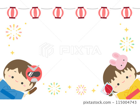 Summer festival frame, illustration of lanterns, fireworks and children in yukata 04 Summer festival frame, illustration of lanterns, fireworks and children in yukata 04 115004743