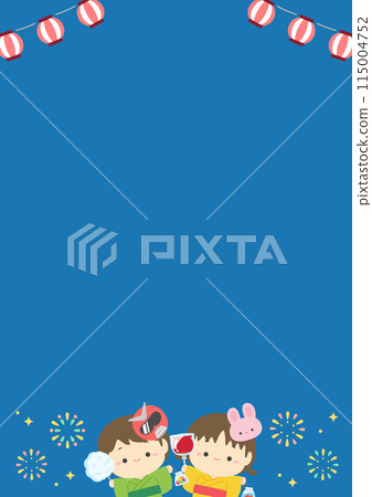 Summer festival frame, illustration of fireworks and children in yukata 06 115004752