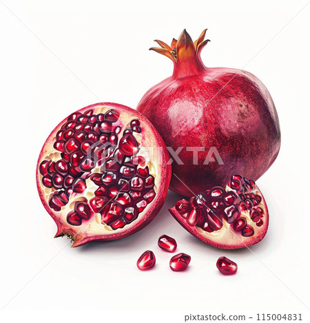 Pomegranate fruit isolated on white background, red and ripe, fresh and sweet, cut in half, juicy seeds, healthy and natural snack 115004831