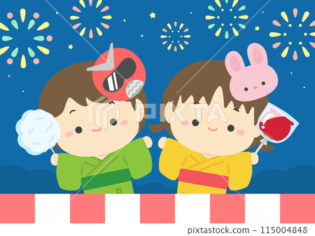 Illustration of summer festival fireworks and cute kids having fun Illustration of summer festival fireworks and cute kids having fun 115004848