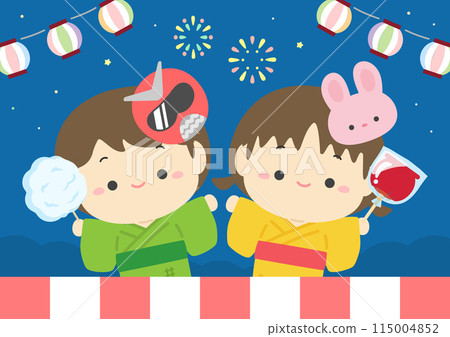 Illustration of summer festival fireworks and cute children having fun 02 Illustration of summer festival fireworks and cute children having fun 02 115004852