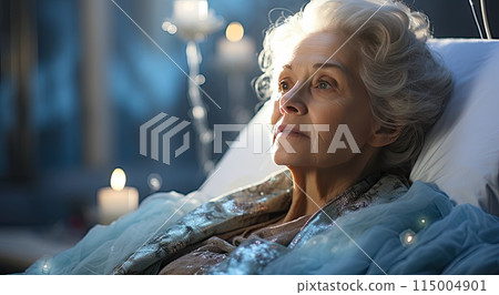 Elderly man laying in hospital bed 115004901