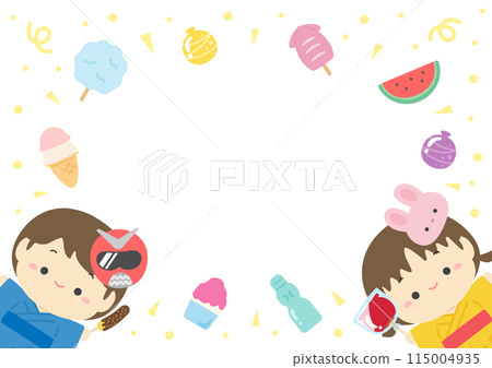 Summer festival food stalls and children wearing yukata frame background material 07 Summer festival food stalls and children wearing yukata frame background material 07 115004935