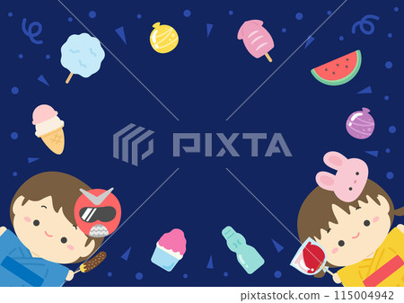 夏季節慶街頭美食和穿著浴衣的兒童框架背景素材01 115004942