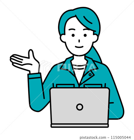 A female worker working on a laptop computer guiding with her right hand 115005044