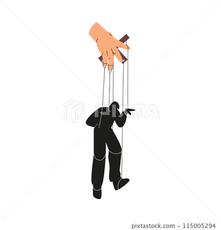 Vector illustration a puppet guy on strings, controlled by a hand, a symbol of manipulation Vector illustration a puppet guy on strings, controlled by a hand, a symbol of manipulation 115005294