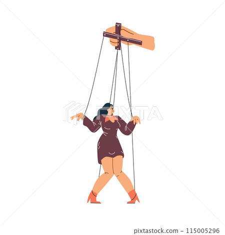 Obedient puppet woman controlled by hand, vector cartoon marionette with strings tied to arms and legs, manipulation 115005296