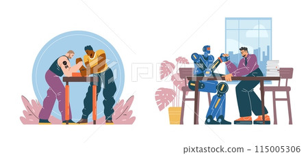 Arm wrestling duel set: man against man and robot. Flat style, isolated background. 115005306