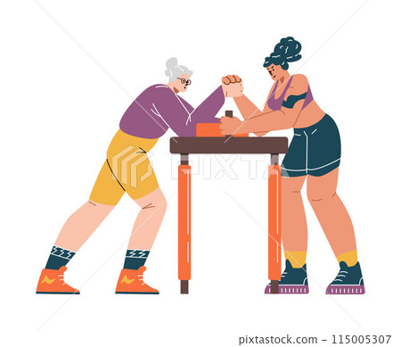 Arm wrestling competition game between older and younger women, vector daughter and grandmother playing arm wrestling 115005307