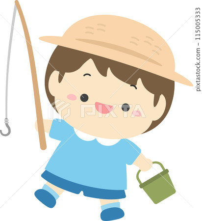 拿著釣竿和水桶去釣魚的男孩，暑假兒童插畫素材02 115005333