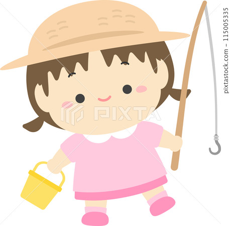 拿著釣竿和水桶去釣魚的女孩，暑假兒童插畫素材02 115005335