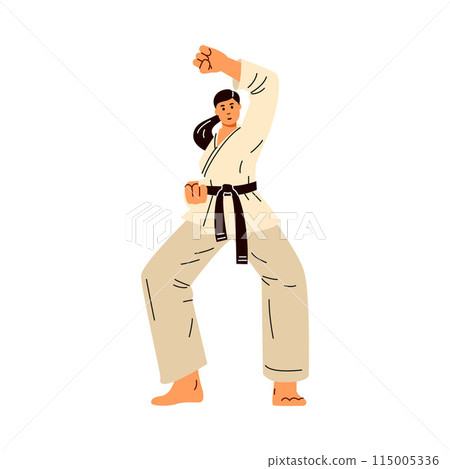 The character is a karateka in motion practicing martial art. Isolated background. 115005336