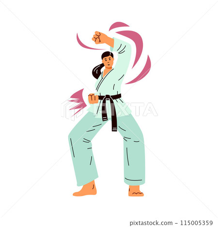 Vector illustration of a woman in a kimono with a black belt doing karate. Isolated background. Vector illustration of a woman in a kimono with a black belt doing karate. Isolated background. 115005359