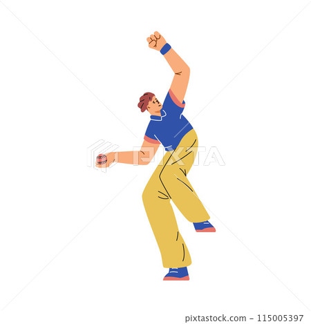Vector illustration of a bowler swinging to throw the ball. Isolated background. 115005397