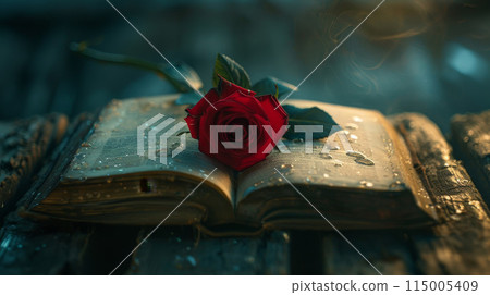 Red rose is placed on top of an open book, creating a sense of intimacy and romance. The image evokes feelings of love and passion Red rose is placed on top of an open book, creating a sense of intimacy and romance. The image evokes feelings of love and passion 115005409