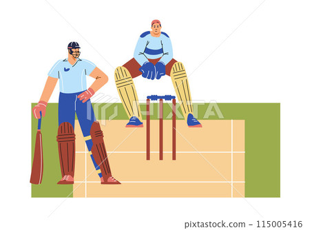 Cricket gameplay with characters on the field. Flat vector illustration. 115005416