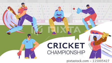 Vector illustrations of the cricket championship: stadium, players in uniform with bat, ball, helmet Vector illustrations of the cricket championship: stadium, players in uniform with bat, ball, helmet 115005427