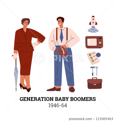 Illustration of the 1946-64 generation. The era of baby boomers. Illustration of the 1946-64 generation. The era of baby boomers. 115005463