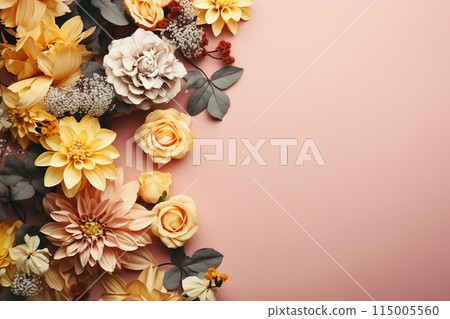 Flat lay of spring summer vintage flowers with copy space 115005560