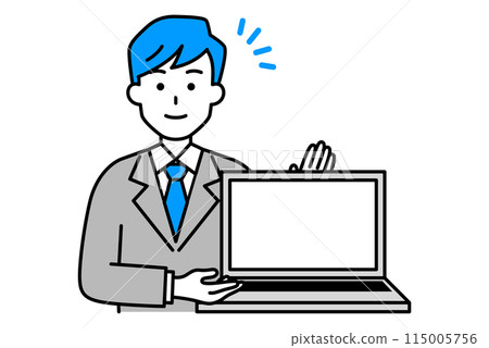 A man in a suit showing a laptop screen A man in a suit showing a laptop screen 115005756