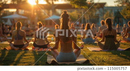 Group of adults attending a yoga class outside in park with natural background Group of adults attending a yoga class outside in park with natural background 115005757