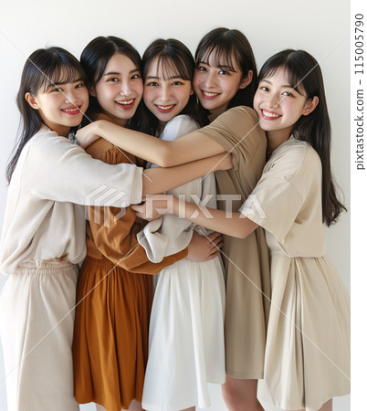 Group of Asian women wearing natural colored clothes. Beauty, health, fitness, togetherness, diversity Group of Asian women wearing natural colored clothes. Beauty, health, fitness, togetherness, diversity 115005790