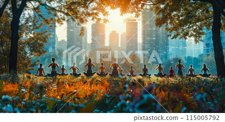 Group of adults attending a yoga class outside in park with natural background 115005792