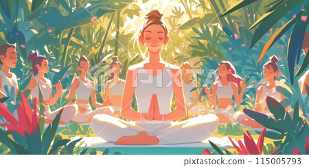 Group of adults attending a yoga class outside in park with natural background 115005793