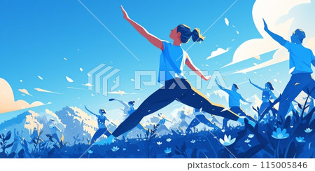 Group of adults attending a yoga class outside in park with natural background 115005846