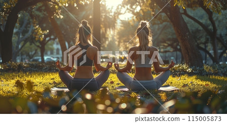 Group of adults attending a yoga class outside in park with natural background Group of adults attending a yoga class outside in park with natural background 115005873