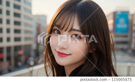 夕陽下的城市裡,一位長髮女子輕輕微笑 夕陽下的城市裡,一位長髮女子輕輕微笑 115005875