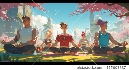 Group of adults attending a yoga class outside in park with natural background 115005887