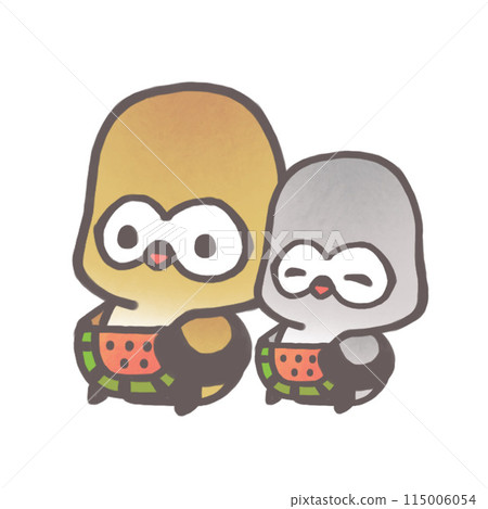 Owl parent and child eating watermelon Owl parent and child eating watermelon 115006054