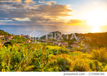 Taditional Madeiran houses in Funchal behind a banana plantation and ocean sunset. Taditional Madeiran houses in Funchal behind a banana plantation and ocean sunset. 115006160