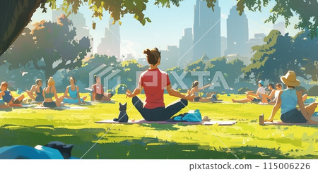 Group of adults attending a yoga class outside in park with natural background 115006226