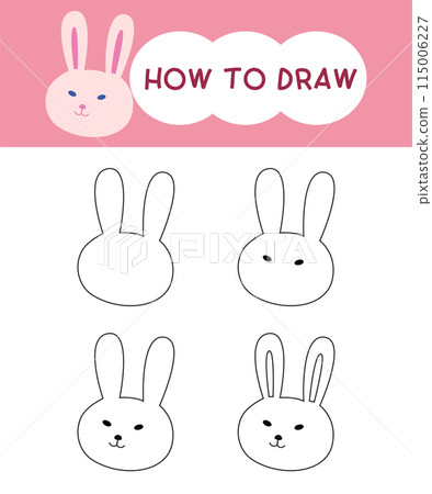 How to draw rabbit face cartoon step by step for learning, kid, education, coloring book. Vector illustration 115006227