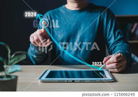 Businessmen touch target 2024 and progress of business and analyze financial, and investment.Use technology to plan strategy to success goals and growth.online business, e-commerce, online marketing. Businessmen touch target 2024 and progress of business and analyze financial, and investment.Use technology to plan strategy to success goals and growth.online business, e-commerce, online marketing. 115006249
