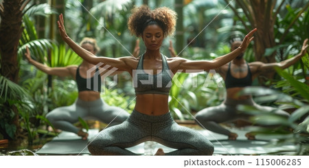 Group of adults attending a yoga class outside in park with natural background 115006285
