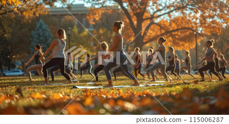 Group of adults attending a yoga class outside in park with natural background 115006287