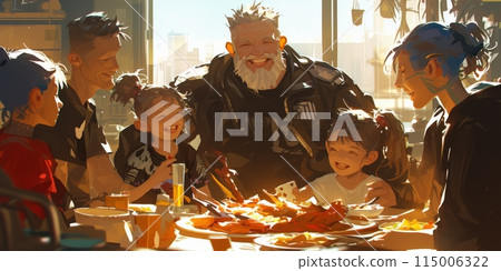 A joyful family dinner, filled with laughter and happiness, creating heartwarming memories 115006322