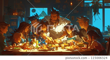 Family gathering around dinner table with cozy lighting creates warm and loving ambiance 115006324