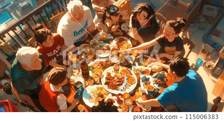 This image captures the joy of a family gathering around the dining table to enjoy a meal together 115006383